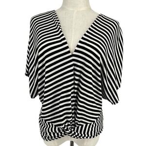 Lucky Brand Black White Stripe Dolman Sleeve Twist Front V Neck Top Womens XS